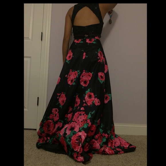 Sequin Hearts Navy Blue Floral Prom Dress - Picture 2 of 7